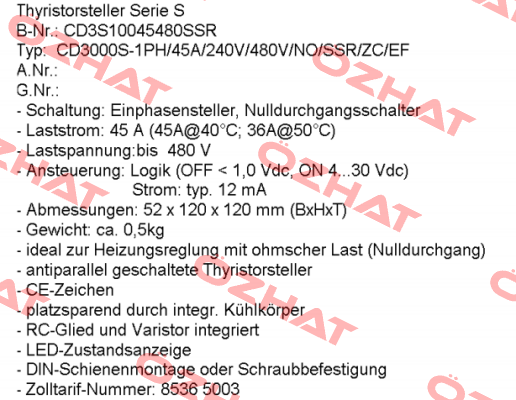 CD3S10045480SSR, Type CD3000S-1PH/45A/240V/480V/NO/SSR/ZC/EF  Mesa