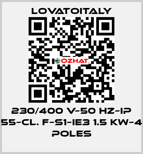 230/400 V–50 HZ–IP 55–Cl. F–S1–IE3 1.5 KW–4 Poles LovatoItaly