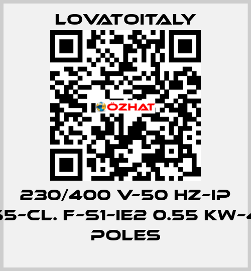 230/400 V–50 HZ–IP 55–Cl. F–S1–IE2 0.55 KW–4 Poles LovatoItaly